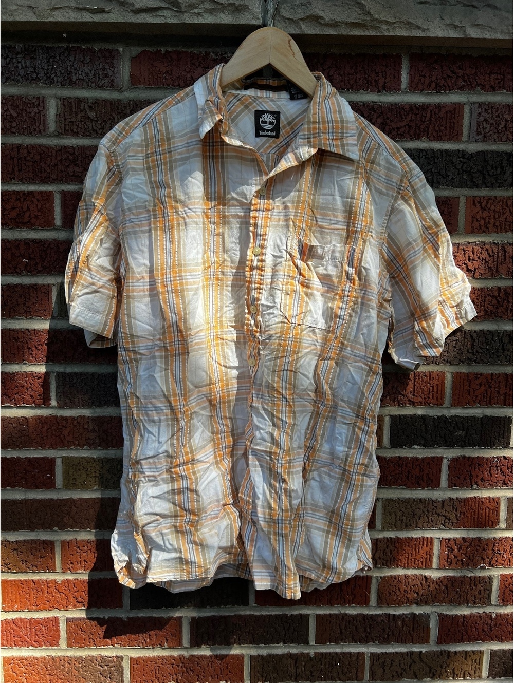 Timberland Orange and White Plaid Button Down Short Sleeve Shirt